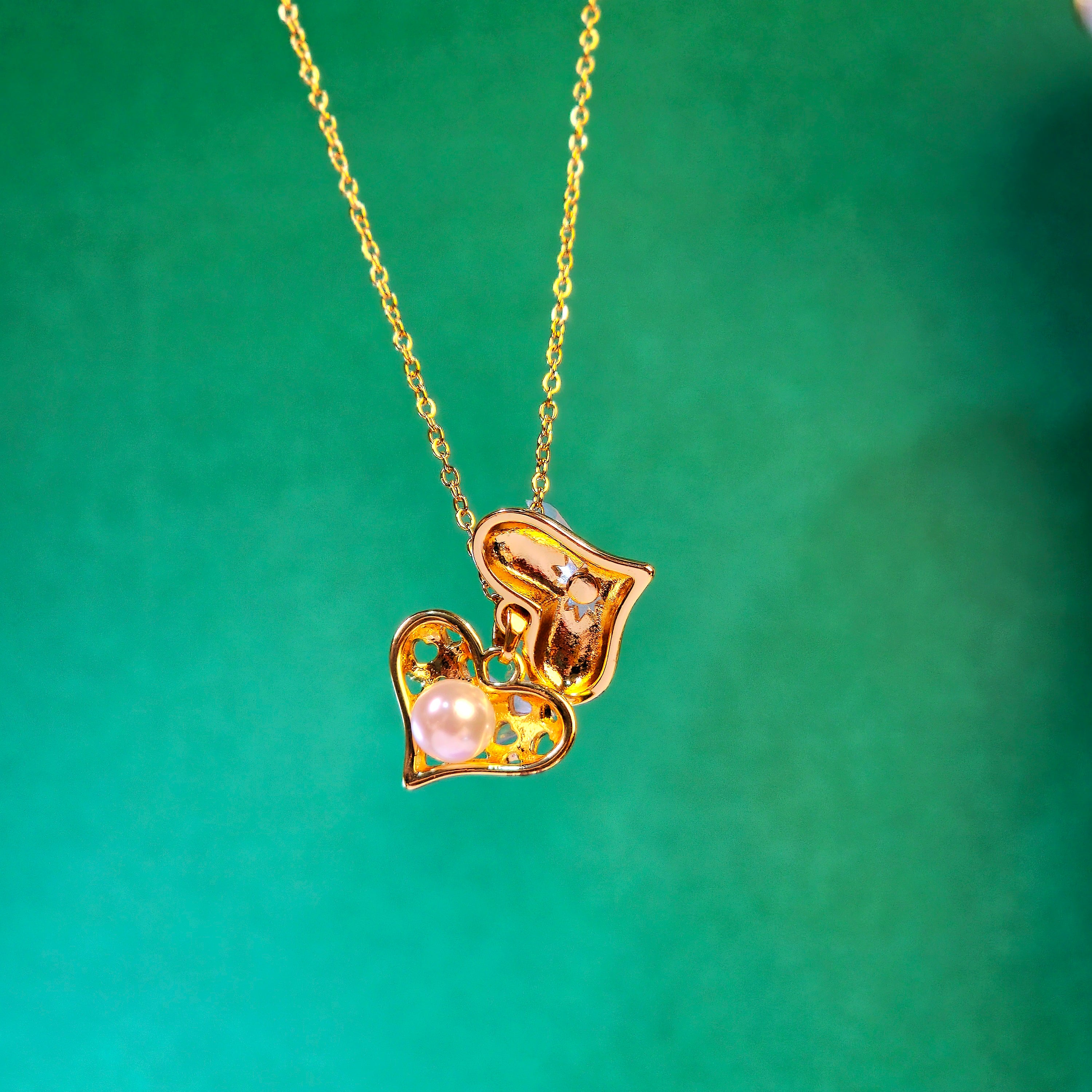 Golden Double Side Heart Locket Pendant with Chain | Imitation Jewelry for Women or Girls